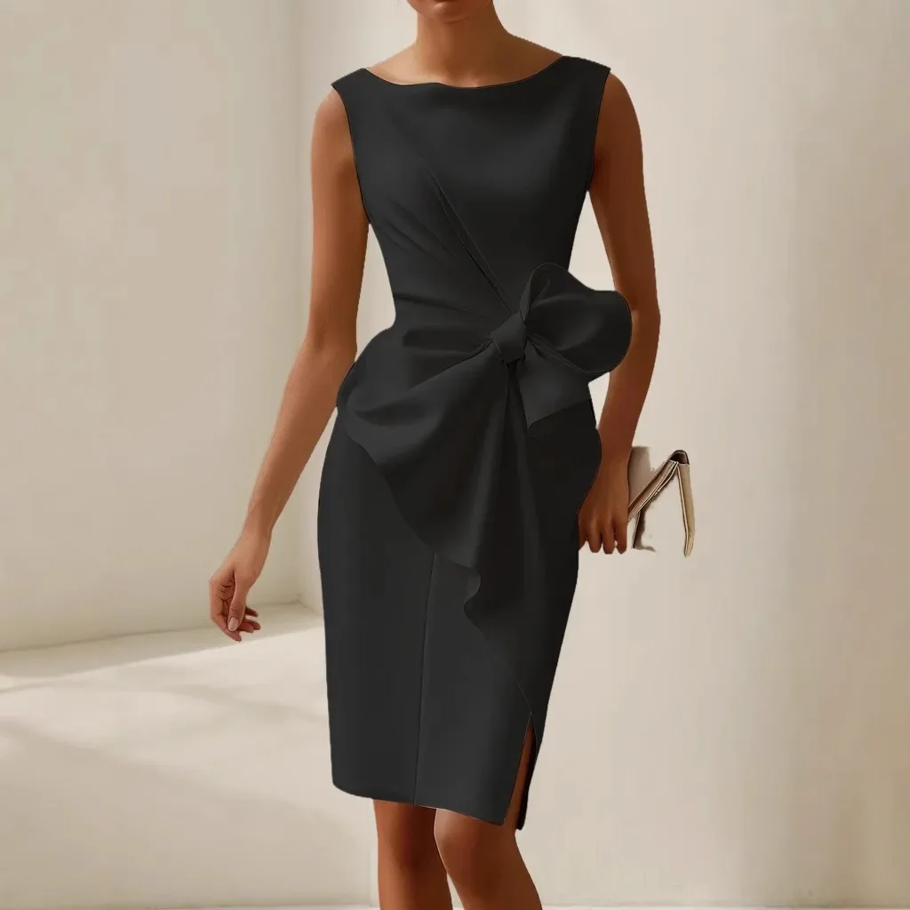 Elegant Solid Bow Dress For Women Fashion Sleeveless O Neck Slim Package  Hip Dresses Lady Formal Evening Party Women's Clothing - AliExpress  200000345