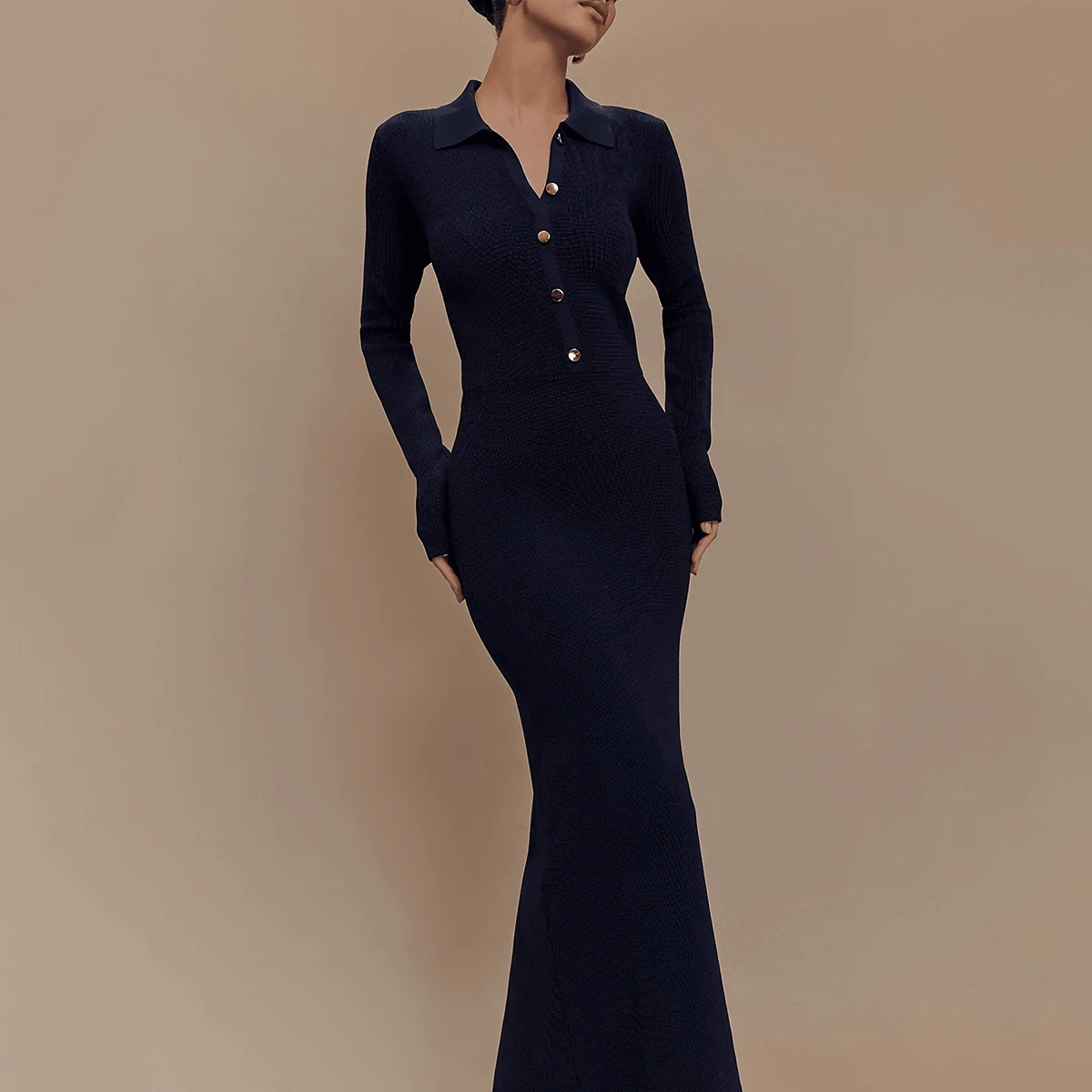 Neue frauen Gestrickte Maxi Kleid Herbst Winter Revers Langarm Vestidos Elegante Slim Fit Dame Pendeln Bodycon Langes Kleid