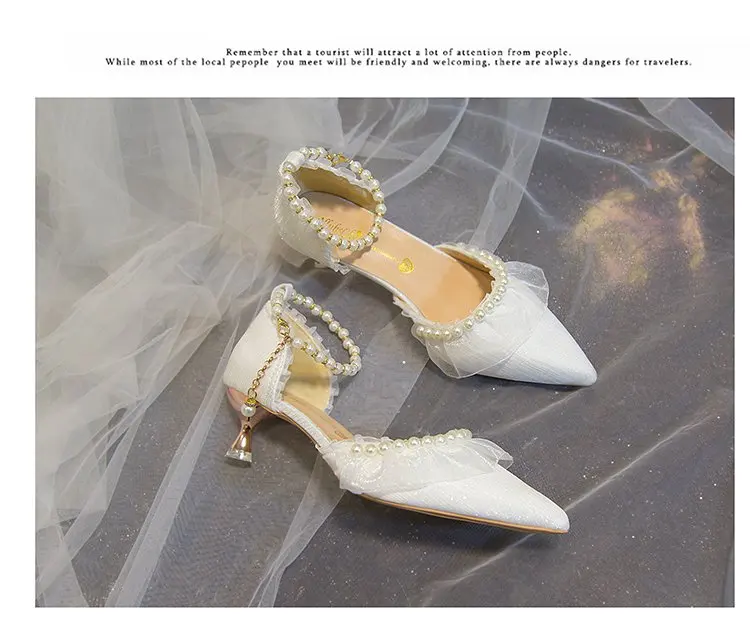 Weiße Hochzeitsschuhe für Damen 2026 Sommer Luxus Seide Perlen Knöchelriemen High Heels Pumps Spitze Damenschuhe mit Absatz – Detail 16