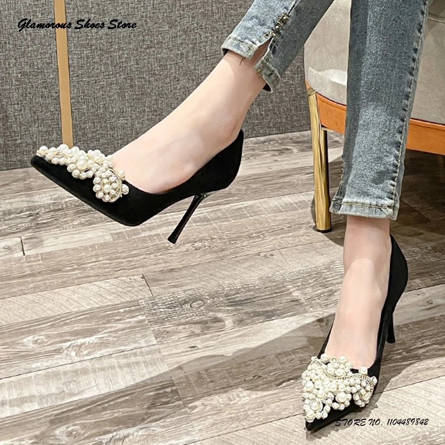 

Замшевые туфли-лодочки с аппликацией из искусственного жемчуга, женские свадебные туфли на тонком каблуке с острым носком, весна-лето 2021, туфли на мелкой шпильке