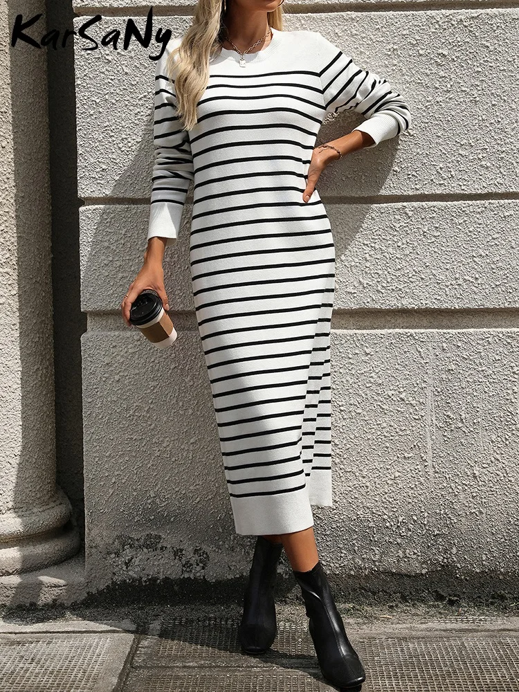 Striped Women\'s Knitted Dress Autumn O Neck Long Sleeves Casual Knitwear Dress For Women Elegant Female Loose Sweater Knit Dress