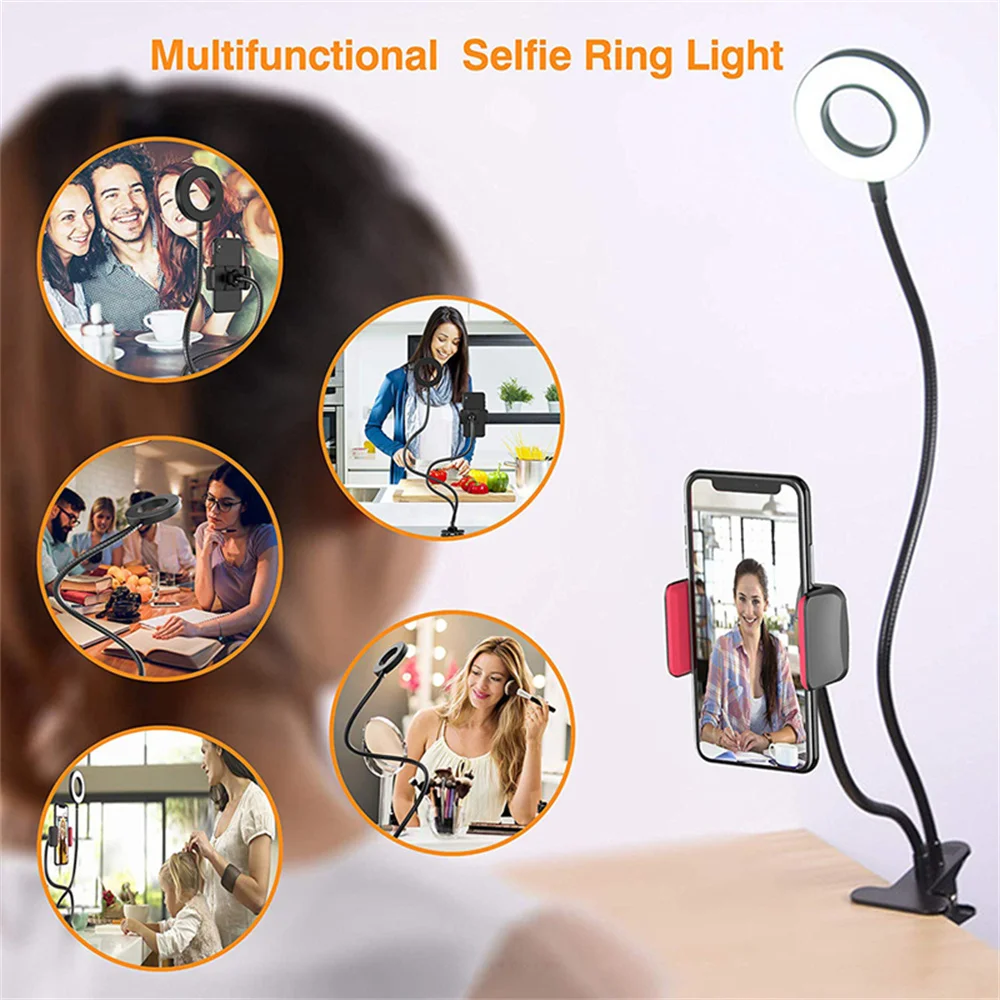 Clip on LED Reading Light Kids Desk Lamp Flexible Gooseneck with Phone Holder Lazy Selfie Ring Light LED Makeup Mirror Lights