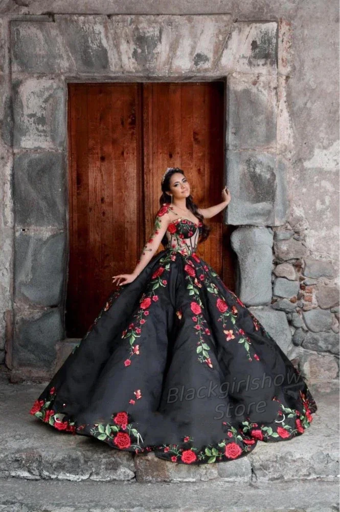 Vintage schwarz 3d Blumen Charro Quince anera Kleider für Garten Mütze Ärmel süß 16 Ballkleid Vestidos de 15 mexikanische Mädchen xv