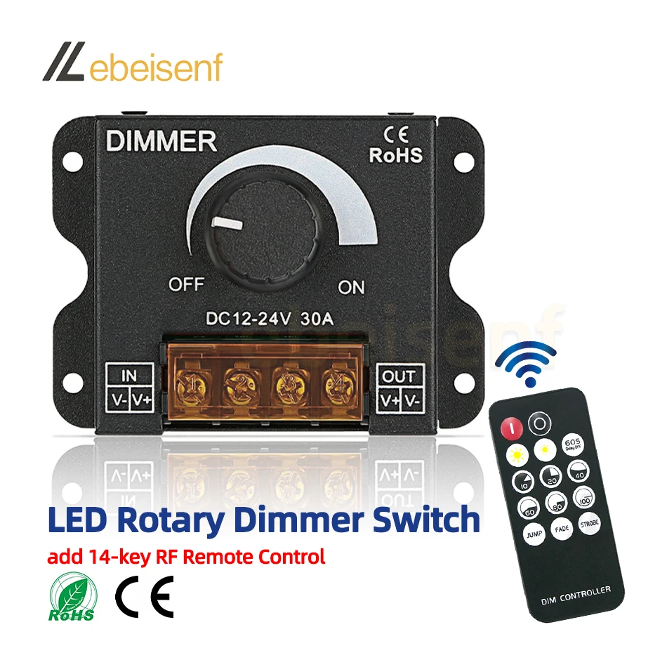 

RF LED Rotary Dimmer Switch DC 12V 24V Knob Dimming Controller 14-Key Wireless Remote Control for 5050 Single Color Strip Lights