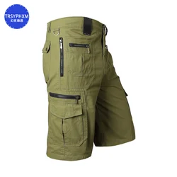 TRSYPHXM 2024 new Men's loose summer plus size casual multi pocket pure cotton zipper blue shorts