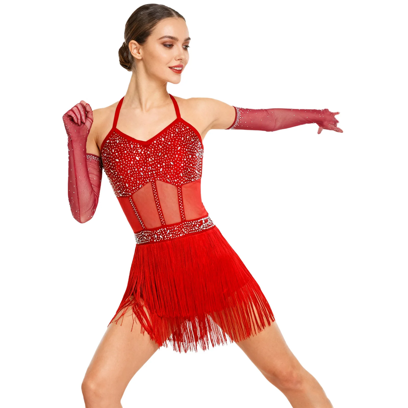 

Women Latin Dance Dress with Gloves Sheer Mesh Tiered Tassel Bodysuit Dress And Long Gloves Dancewear for Tango Dance Ballroom