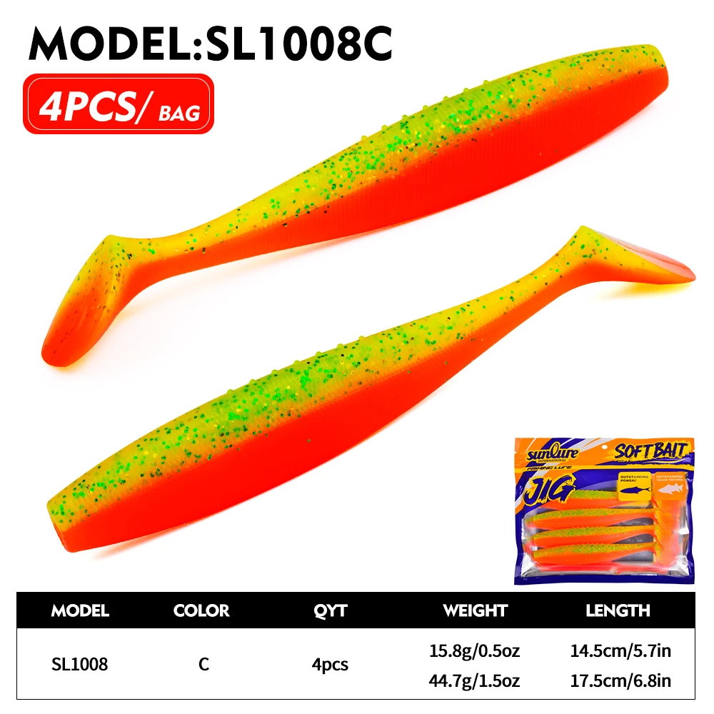 Sunlure 4 Stück/Beutel T-Tail Paddle Weichköder Künstlicher Silikon-Glitzer-Swimbait 14,5/17,5 cm Weichköder für Bass-Salzwasserfischen Pesca