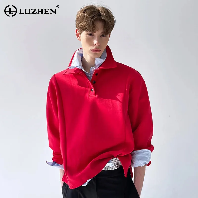 

LUZHEN Color 2025 Long New Lapel Fashion Sleeve Solid Pullover T-shirts Men's Original High Quality Loose Handsome Tops JY5574