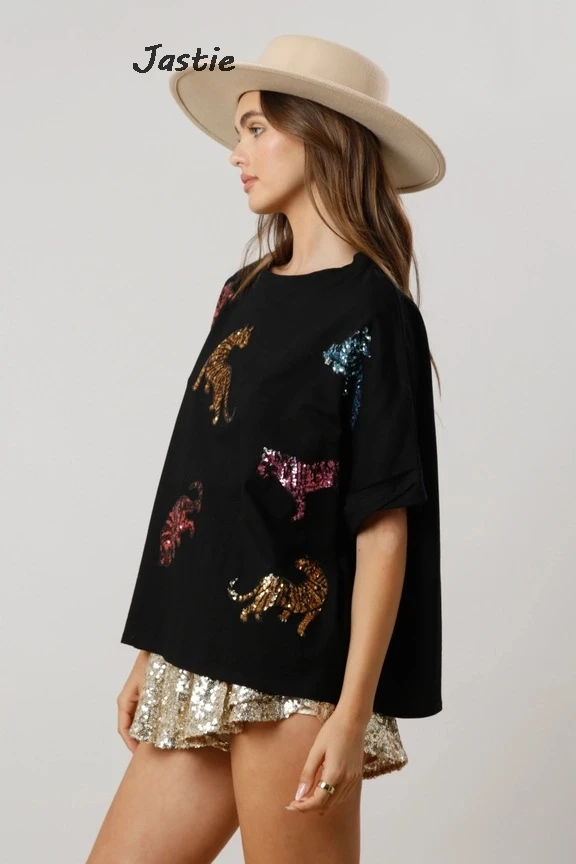 2024 Summer New Tiger Animal Sequin Cute Short Sleeve TeeTop Casual Fashion Loose T-shirt For Women