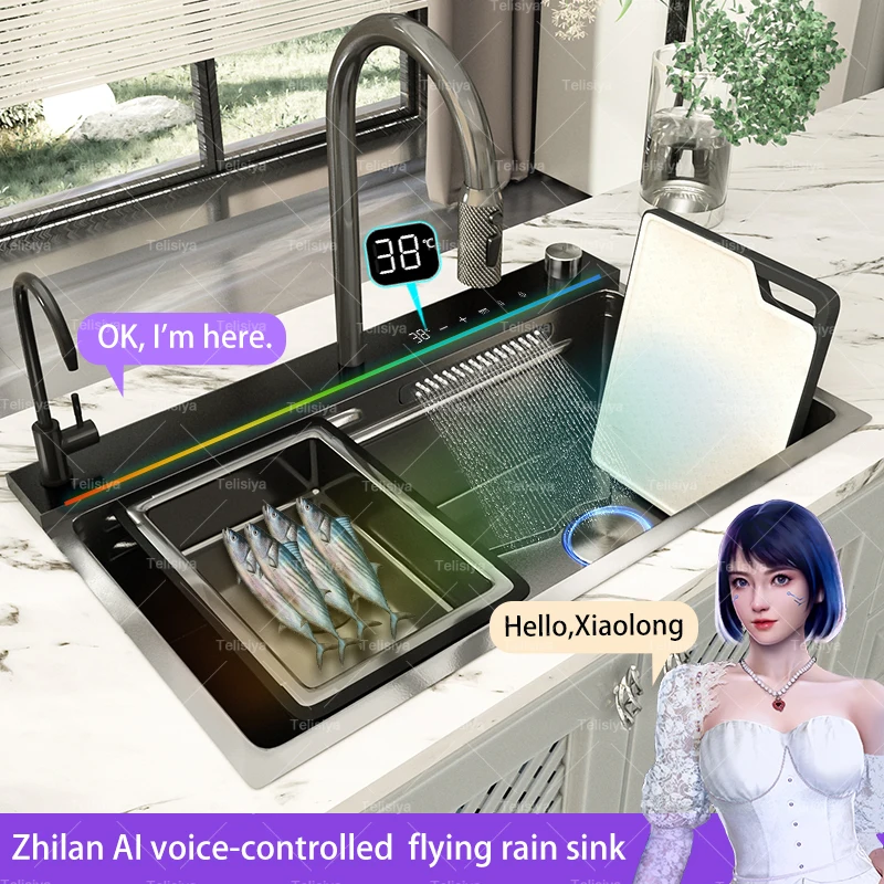 

Кухонная мойка с водопадом из нержавеющей стали, AI, с голосовым управлением, большая многофункциональная раковина для мытья посуды с одним слотом, для мытья овощей