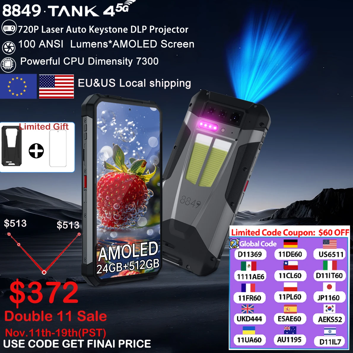 8849 Tank 4 Unihertz 5G Rugged Smartphone Projector 720P 100 Lumen 6.78'' AMOLED 512G Android14 11600mAh Dimensity 7300 120Hz