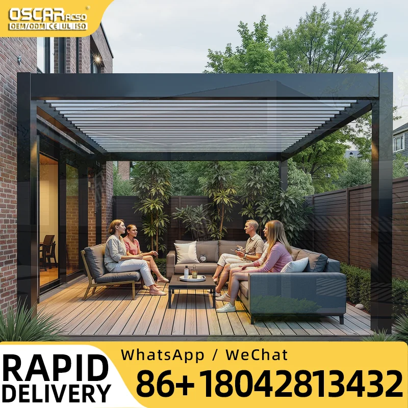 Motorized Waterproof Electric Opening Louver Roof Aluminum Pergola and Tents With Led Light for Garden Backyard Patio pergola