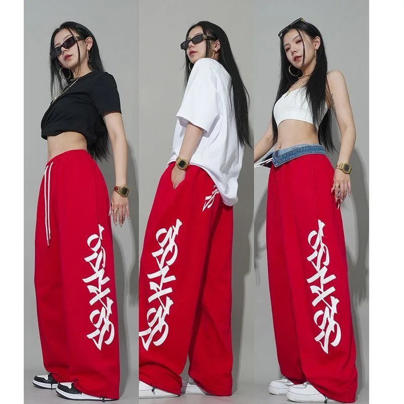 

American street alphabet red loose straight drawstring mopping casual pants jazz dance hiphop hip hop sports pants women's pants