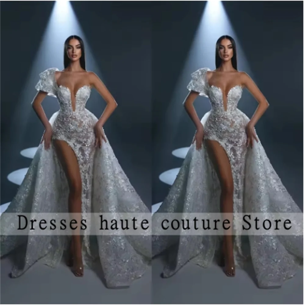 Elegant One Shoulder Lace Wedding Dresses 2025 Luxurious High Split Sequined Mermaid Bridal Gown Detachable Train Customized
