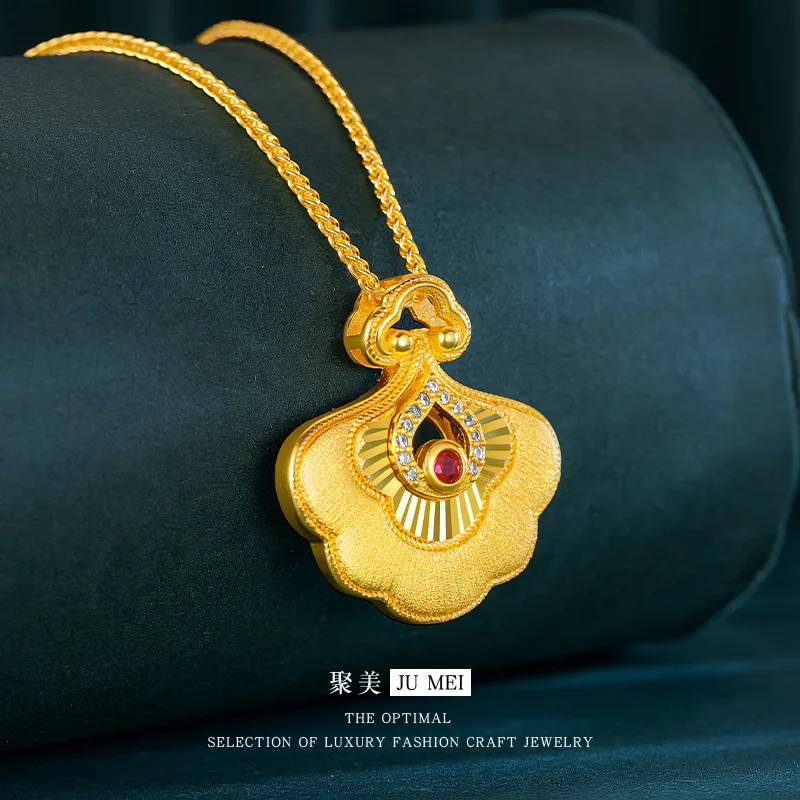 

Luxury 24K 9999 Pure Gold real gold Women's Wide Italian Wire-drawing Craft Drill Fan-shaped Pendant Clavicle Chain