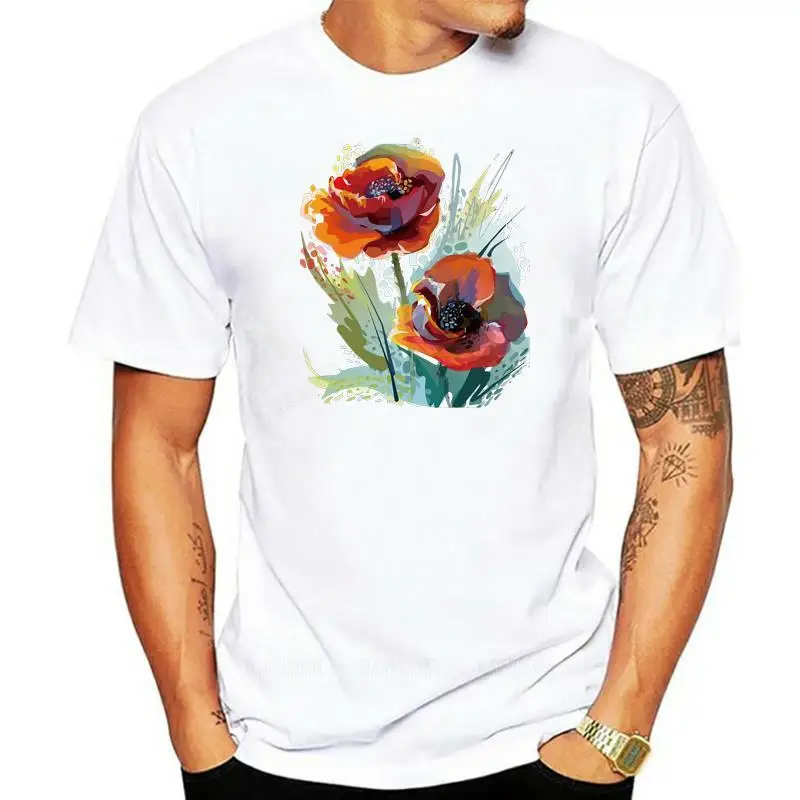 Slim Fit T-shirt Men Floral T Shirt Canvas Painting Design Black Tops Poppy Flower Print Cotton Clothes Decorative Abstract Art