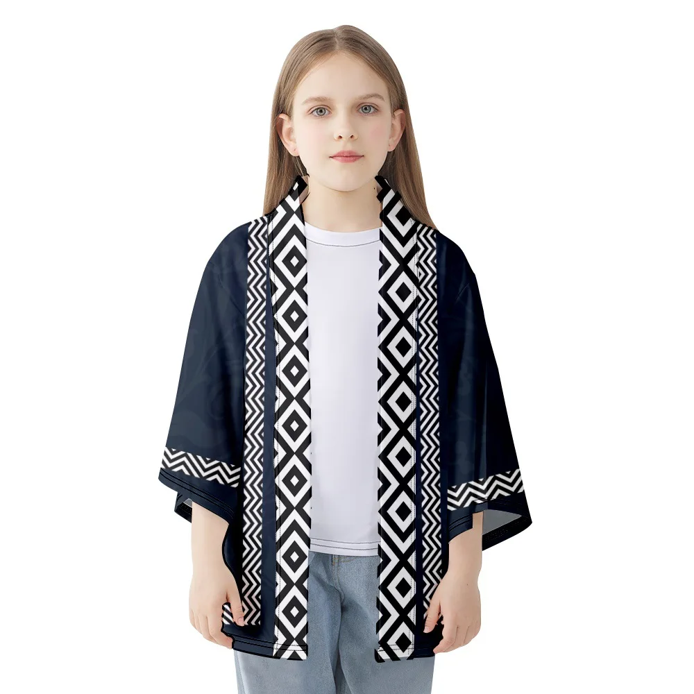 2025 الصيف الشاطئ هندسية طباعة ثوب الساموراي الياباني موضة الرجال النساء سترة Haori Obi الملابس الآسيوية المتضخم القمم