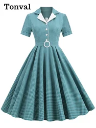 Tonval Notched Collar Buttons Belted Vintage Plaid Midi Dresses Elegant for Women Short Sleeve 50s Robe Turquoise Swing Dress