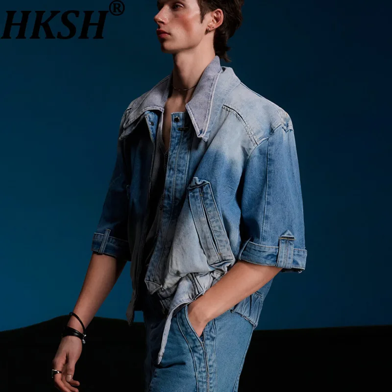 

HKSH Spring Autumn New Man Tide Punk Elegant Short Sleeve Triangle Denim Shirt Jacket Fold Washed Vintage Coat Chic Ins HK11068