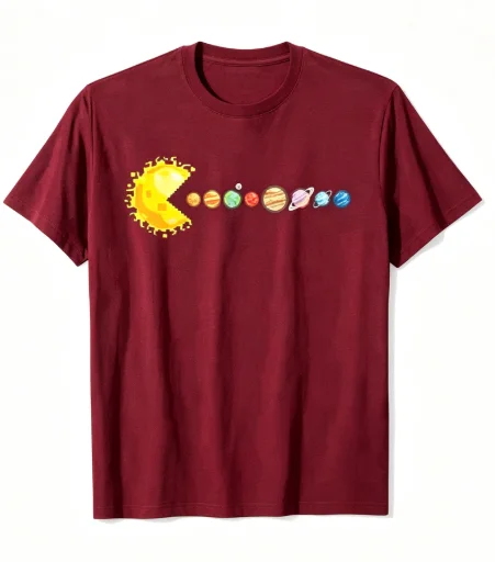 Sun Pacman Eating Planets Grafik-T-Shirt mit Sonnensystem-Weltraum-Print, Kurzarm, Lässige Streetwear-Oberteile – Detail 4