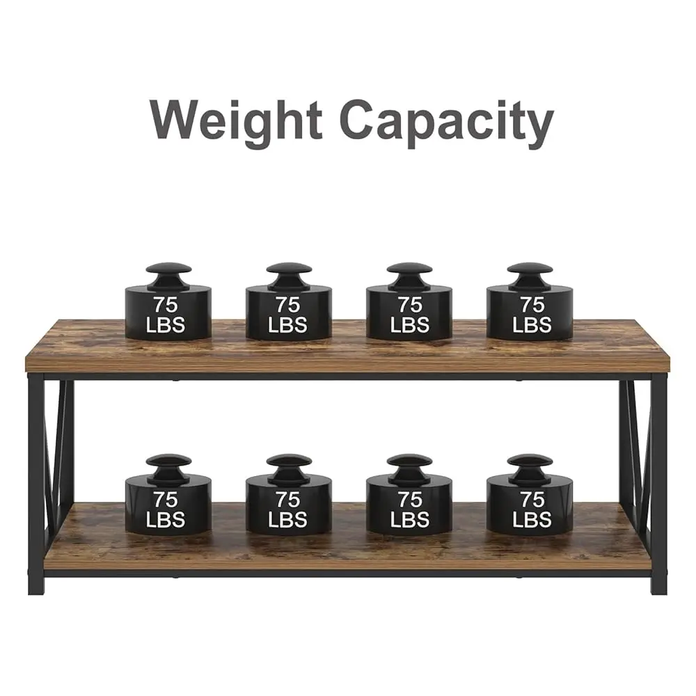 Modern Coffee Table, Rustic Wood And Metal Living Room Table With Storage Shelf, Industrial Rec Center Table, 47 H