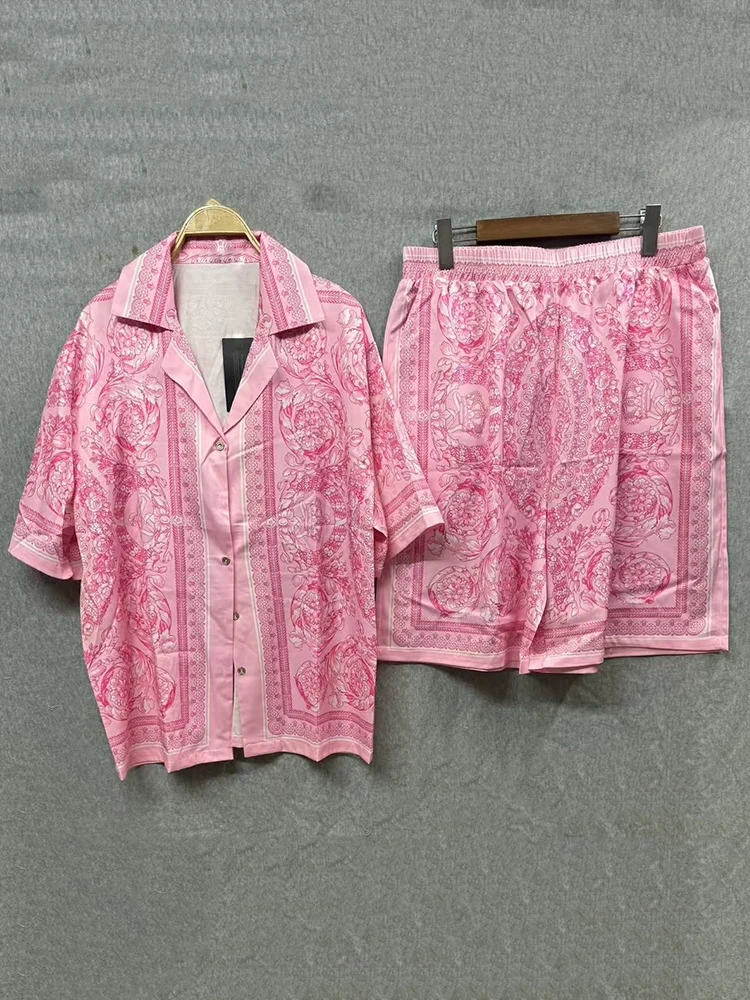 

Vintage geometric print pajama shirt two-piece 2025 Summer women's wear + elastic waist wide leg five quarter pants fashion suit