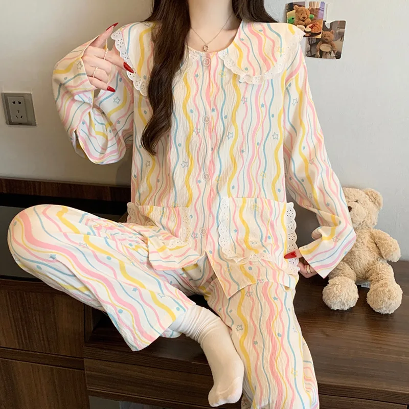 New Women's Spring and Fall Pajamas Homewear Set Wrinkled Cloth Sweet Girl Students Long-Sleeved Casual Pajamas Homewear Set