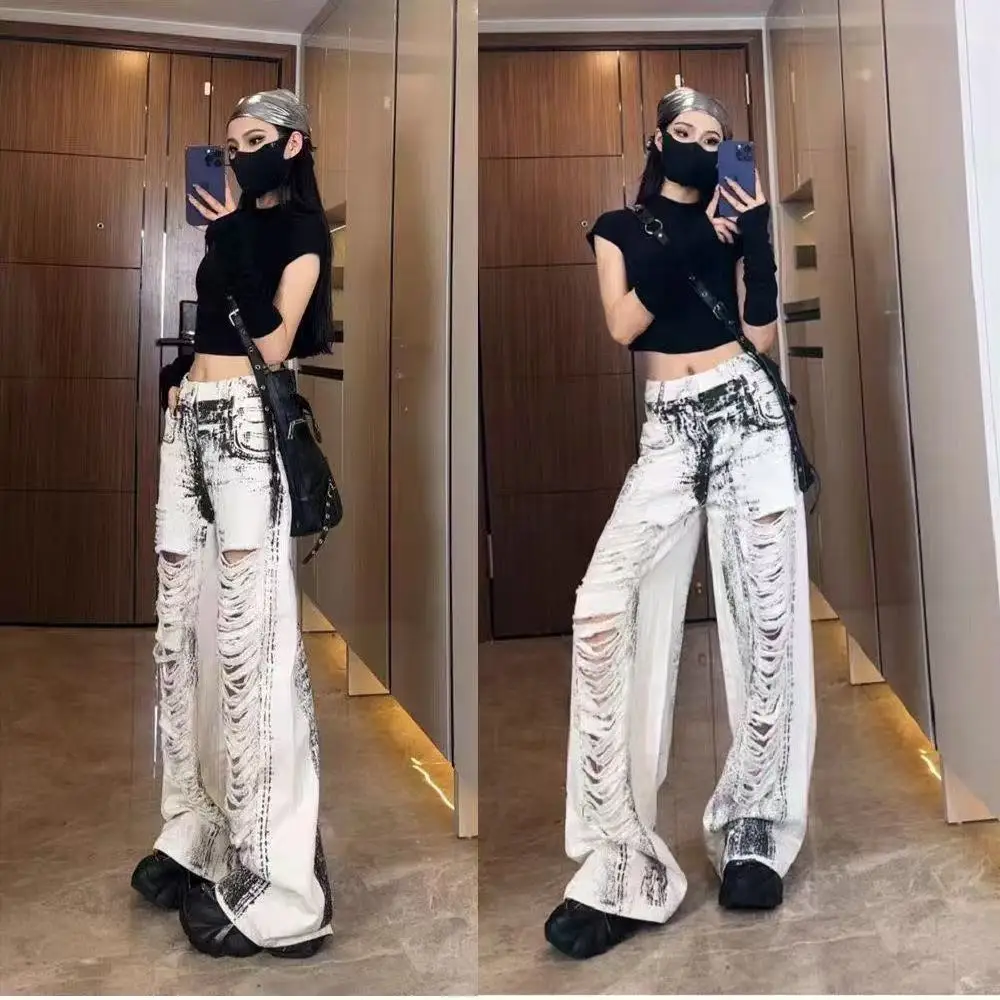 

White Large Size Ripped Summer New High-Waist Loose Slim American Lace Spliced Straight Jeans Trousers