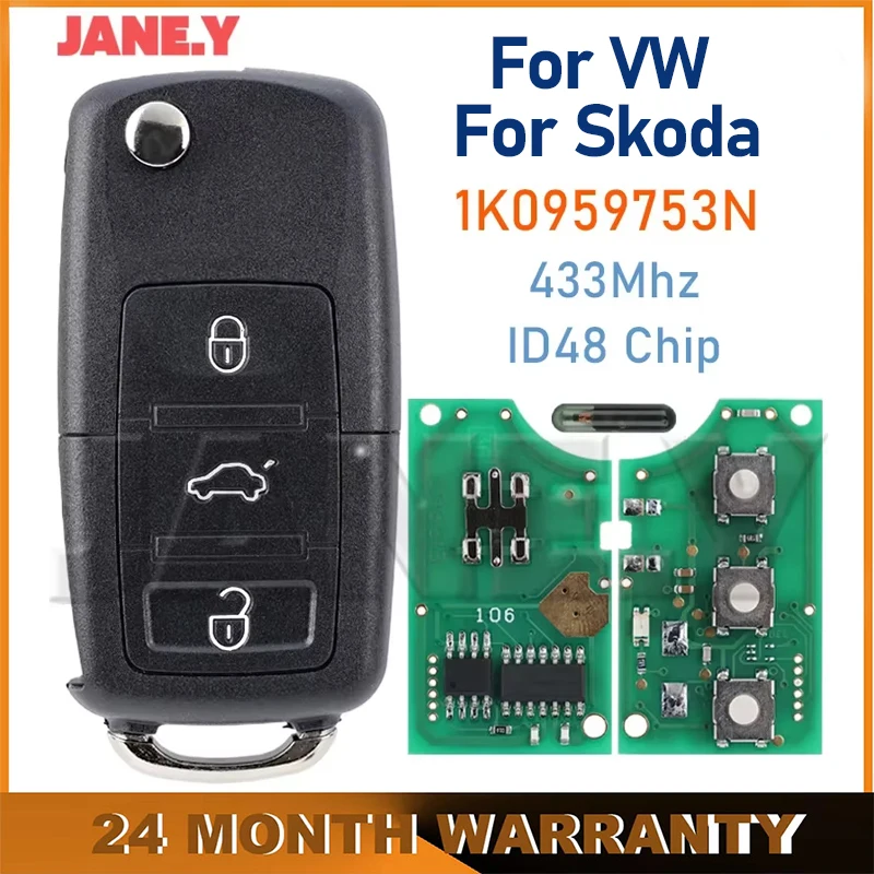 

Remote Flip Car Key For Volkswagen For VW PASSAT B5 B6 For Skoda CADDY GOLF JETTA Tiguan POLO 1K0959753N ID48 Chip 433Mhz HU66