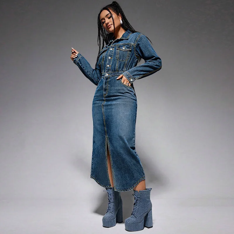 

Vintage Denim Maxi Dress for Women with Long Sleeves Button-Placket Slit Cinched Waist Street Style Fashion 2025
