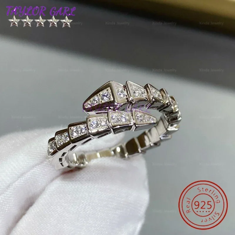 S925 sterling silver high quality original logo classic zircon elastic snake bone ring fashion luxury high design jewelry