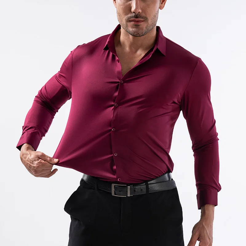 Men's Dress Shirts Long Sleeve Spring Autumn Fashion Casual High Stretch No iron Wrinkle Resistant Business Soft Male Party Tops