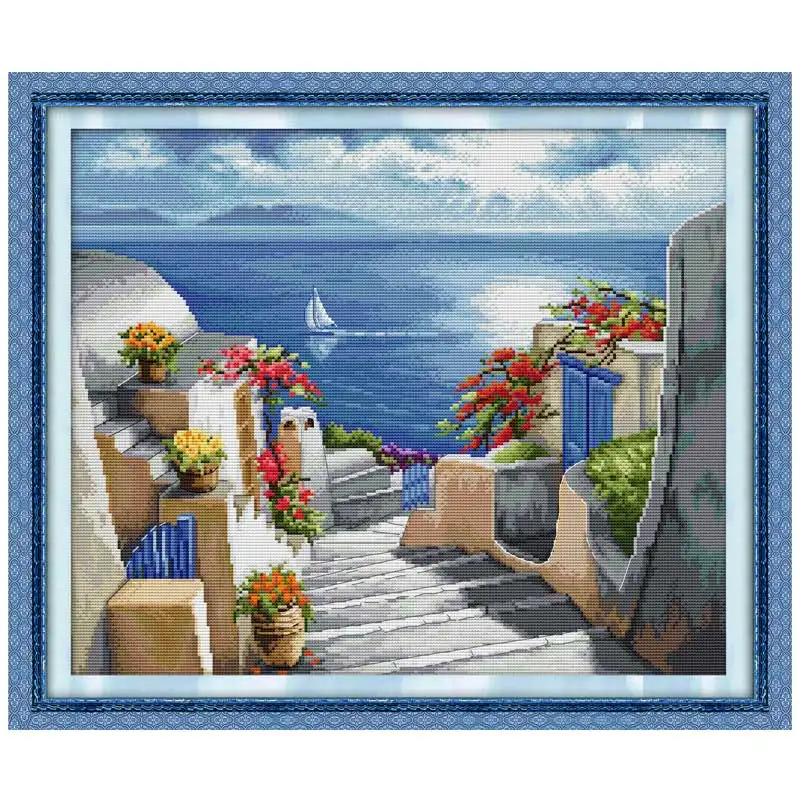 Blue Santorini Patterns Counted Cross Stitch Set 11CT 14CT 16CT Stamped DMC Cross-stitch Kit Embroidery Needlework Home Decor