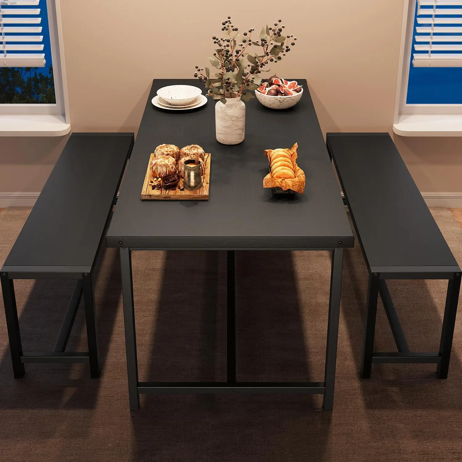 

GarveeHome Dining Table Set for 4, Kitchen Table with 2 Metal Wood Benches, Rectangular Room Dining Table Set, 3 Piece Bench Tab