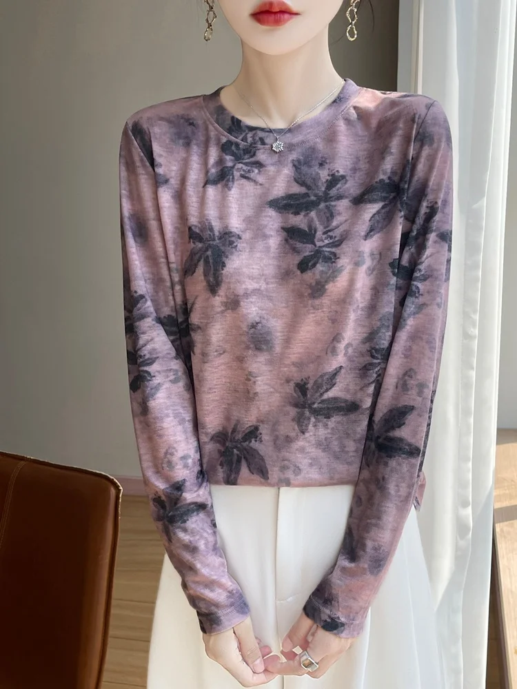 Damska koszulka na wiosnę i lato, długa, lekka warstwa bazowa, artystyczna, swobodna bluzka, wygodna, luźny krój, dzianinowa koszulka.