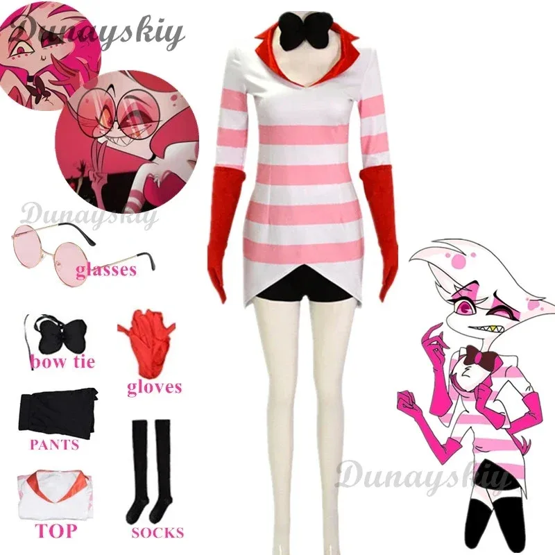 

Anime Angel Dust Cosplay Costume Wig Dust Angel Sexy Dress Red White Stripe Clothes Socks Halloween Party Woman