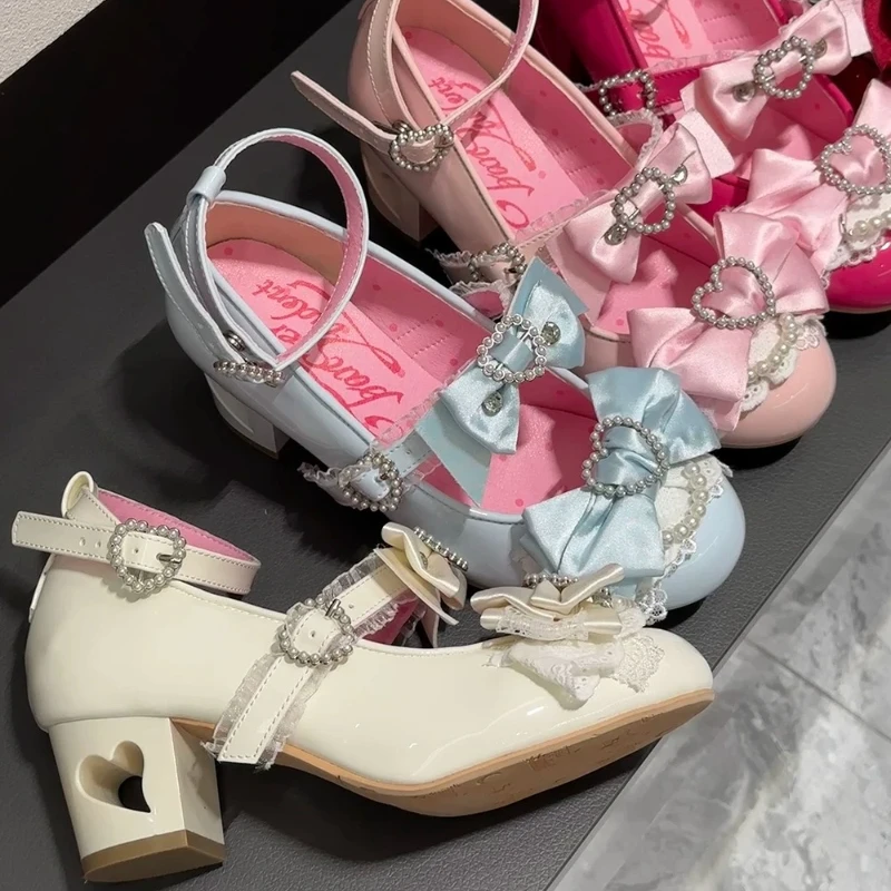 Japanese Showa Original Ji Lolita Bow Hollow Love High Heels Women Sweet Gorgeous Mary Jane Shoes Gal Ancient Flavor Lo Shoes