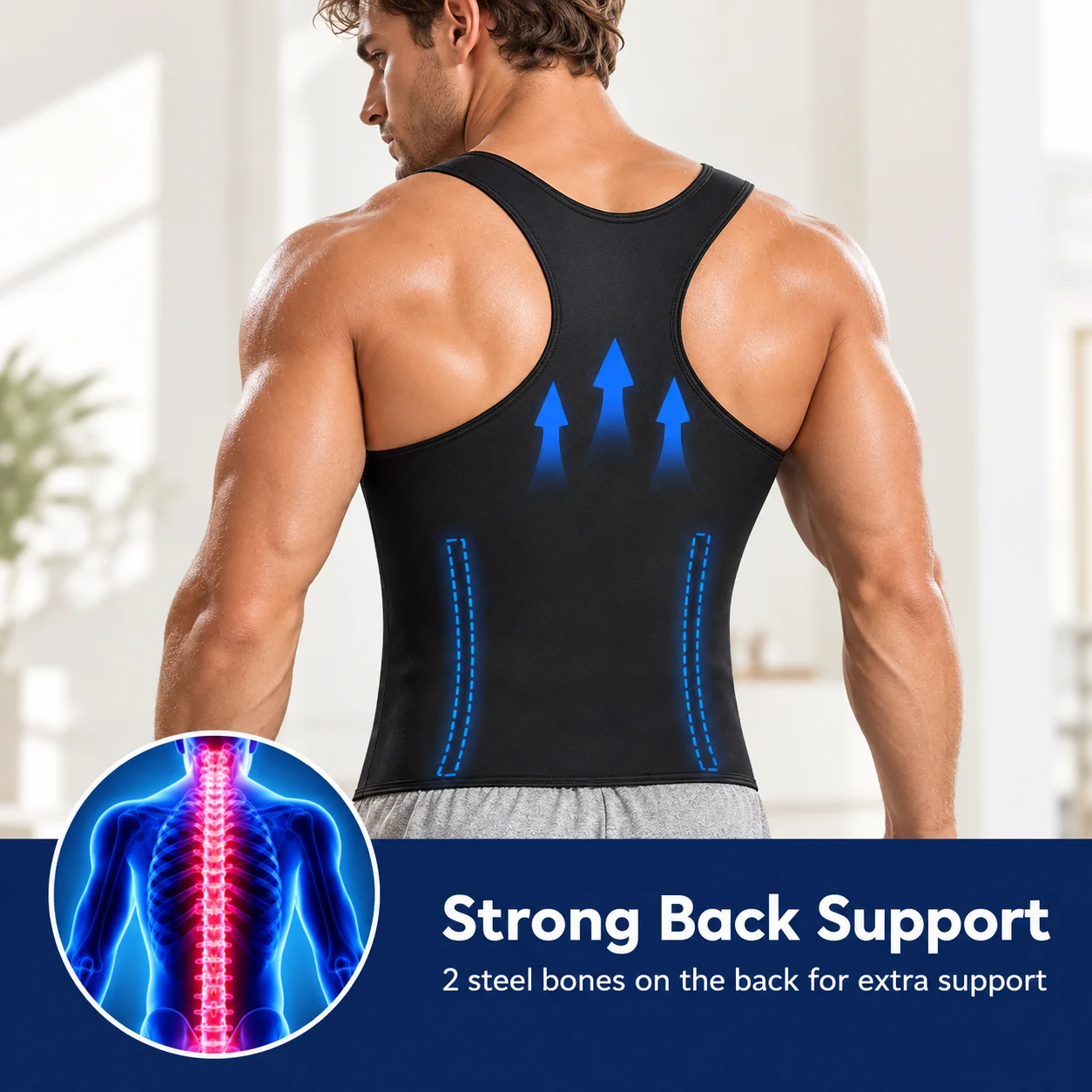 MISSMOLLY Men 2 in 1 Waist Trainer Vest Neoprene Tummy Control Compression Body Shaper Zipper 3 Row Hook Eye Back Support