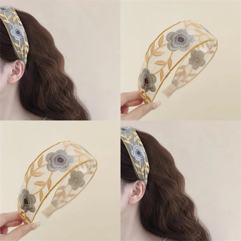 Bordado vintage flor gaze laço cabelo aro para mulheres, cocar para meninas, bohemia étnica headband, acessórios doces, verão