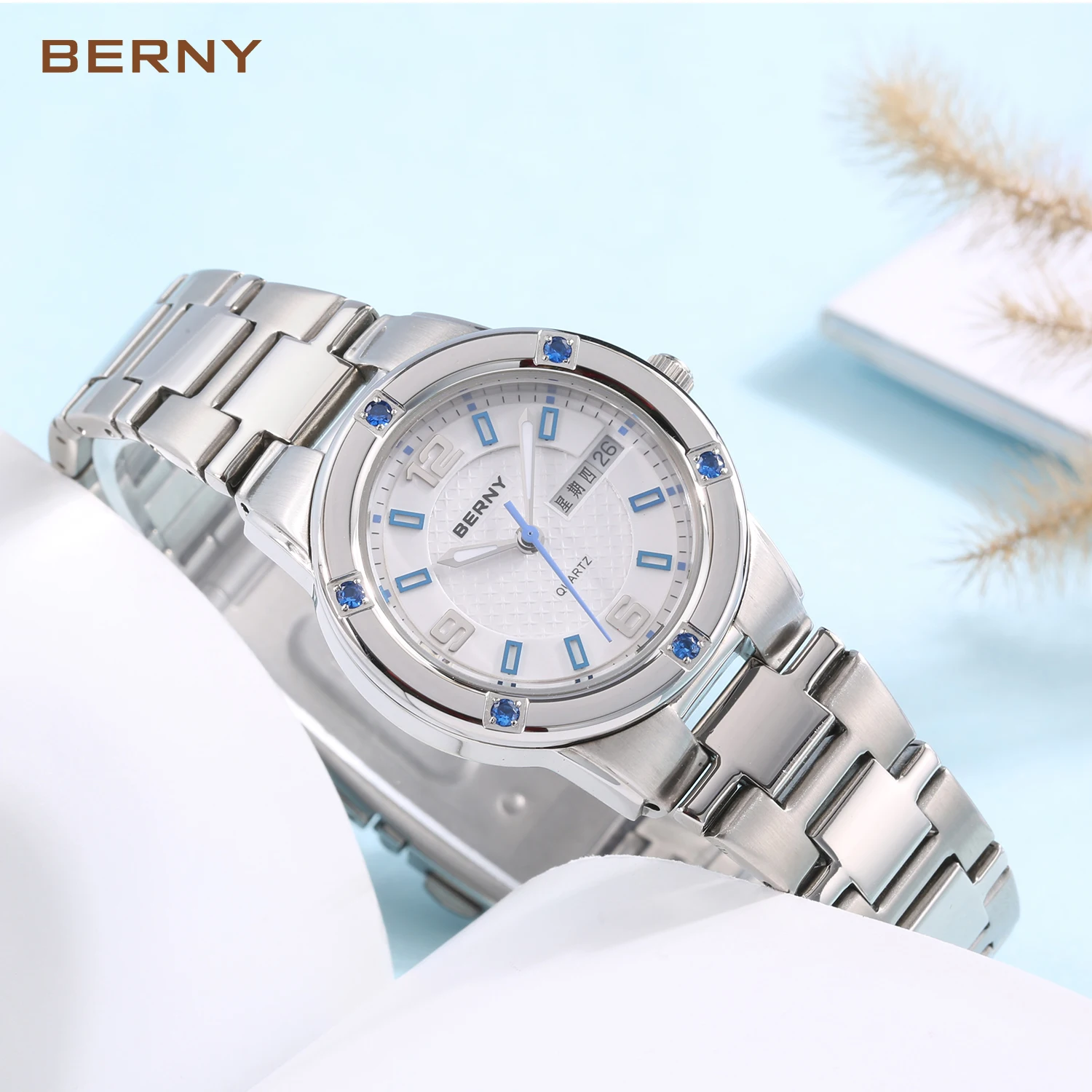 BERNY-relojes luminosos de acero inoxidable para mujer, pulsera de cuarzo con fecha y calendario semanal, resistente al agua, informal