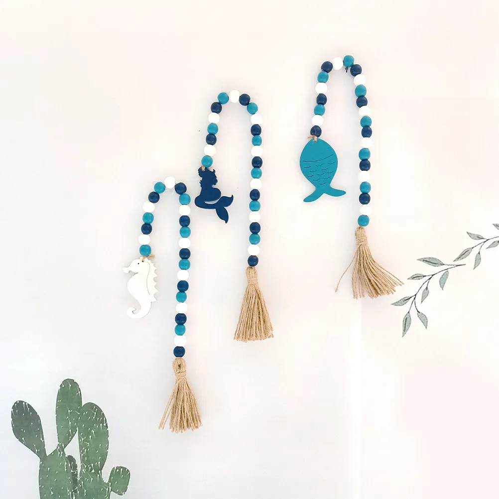 Ocean Inspired Wooden Bead Garland with Hemp Rope Tassel Hanging Wall Decor for Indoor Spaces Kitchen Office Shop Home Decor