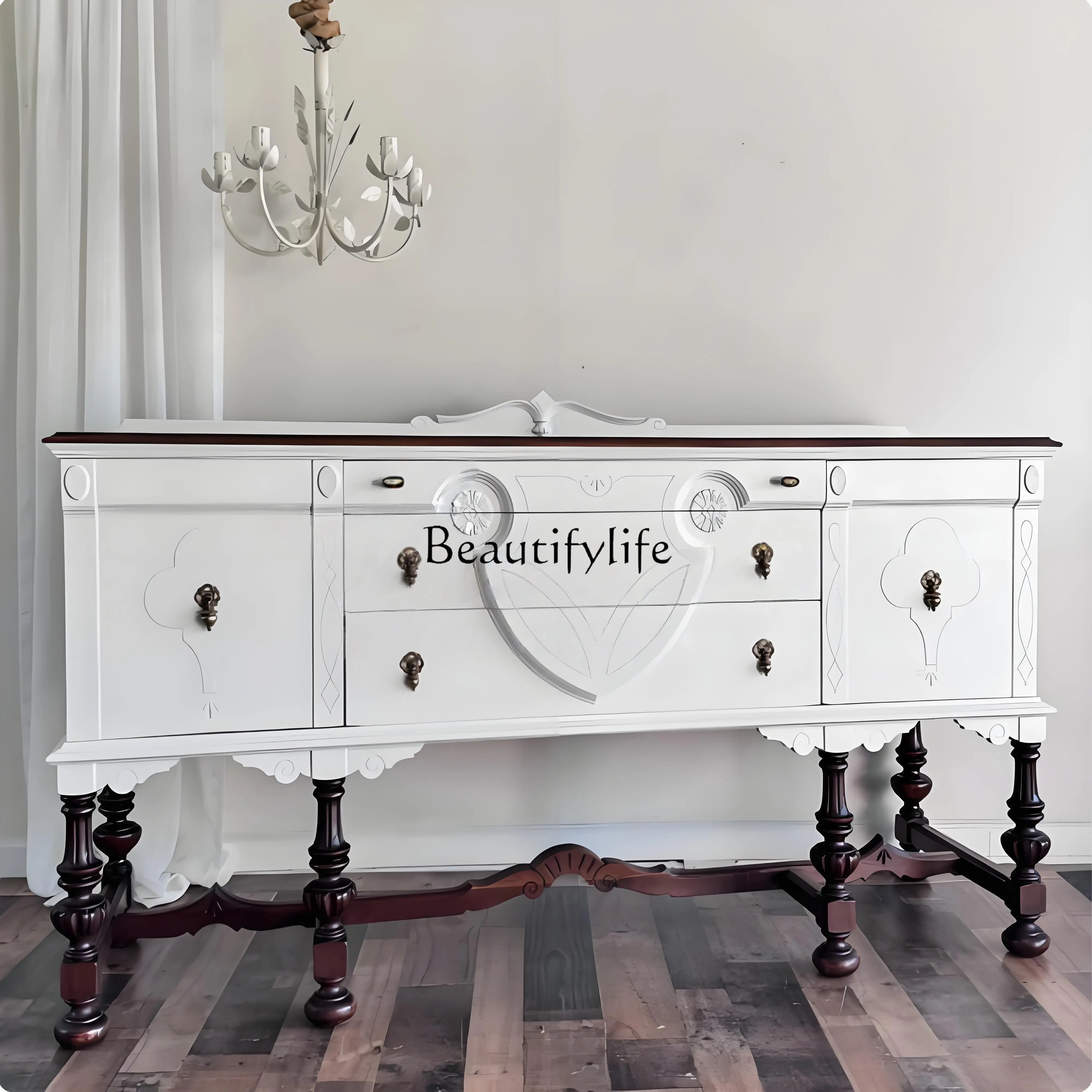 

French Retro Sideboard American Living Room Decoration Modern Minimalist Style Entryway Cabinet Solid Wood Carved Furniture