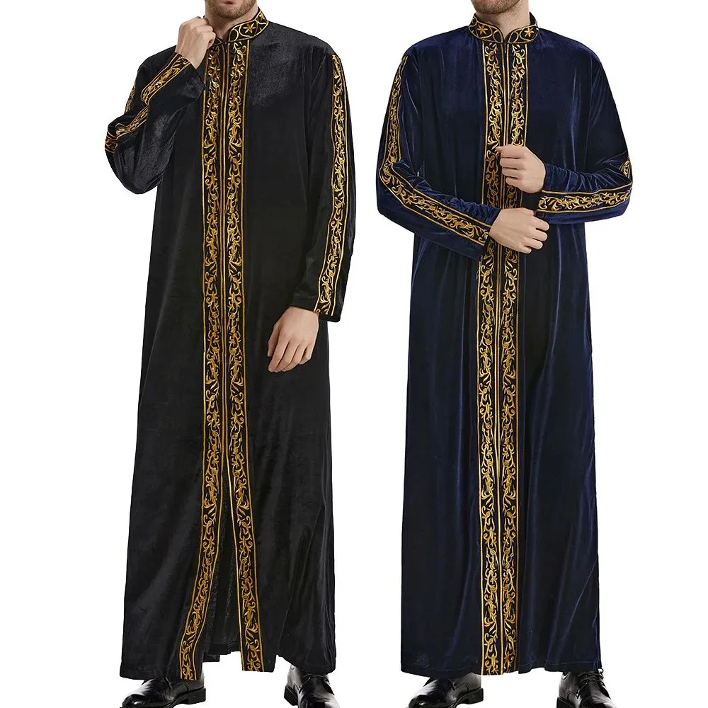 Arab Men's Robes Muslim Stand Collar Embroidery Ethnic Style, Gold Velvet Jubba Thobe Islamic Robes Dubai Kaftan Worship Suit