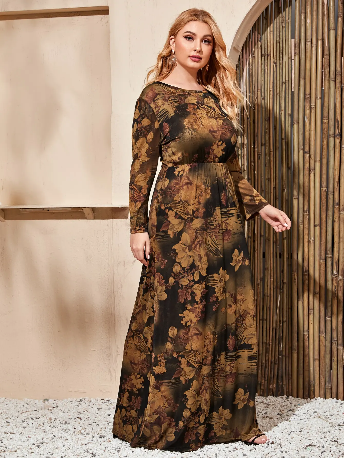 Autumn Winter Dress Plus Size Women Long Sleeve Retro Floral Print Vintage Dress Pockets Maxi Abaya Muslim Islamic Clothing