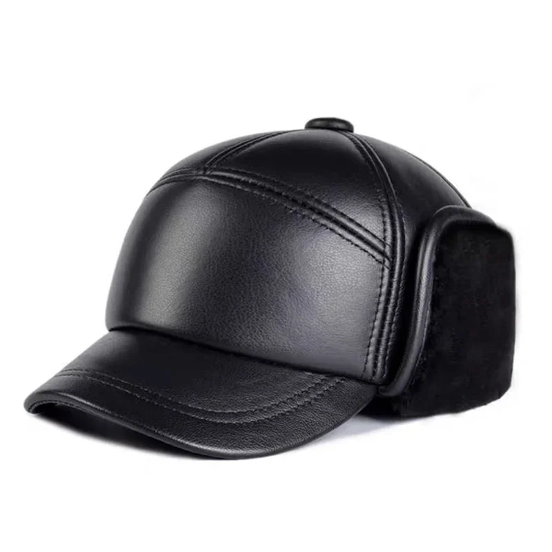 Winter Genuine Leather Keep Warm Hats Cowhide/Sheepskin Earmuffs Bomber Caps Plus Velvet Thicken Man Bone Caps Dad Hat