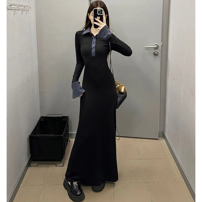 

Spring Autumn Femme High End Long Sleeved Ruffled Hem Dress Women False Two Piece Maxi Dress Ladies Lapel Patchwork Long Dresses
