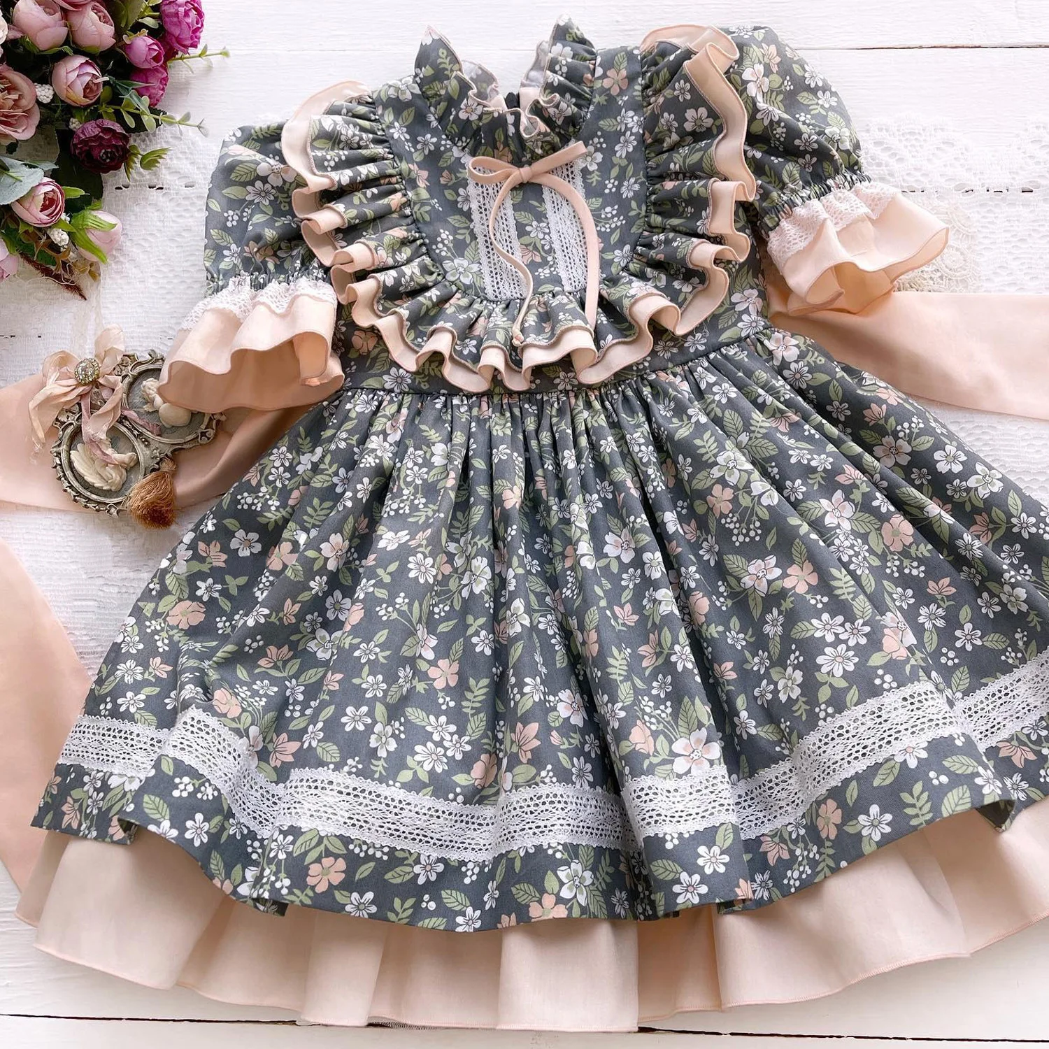 Baby Girl Princess Floral Layered Dress Infant Toddler Child Spanish Vintage Vestido Lolita Party Birthday Costume Clothes 1-5Y