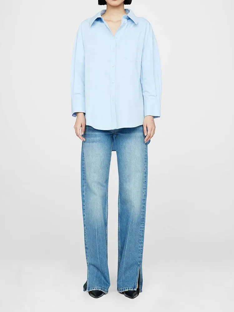 

Solid Color Women's Curved Hem Blouse Turn-down Collar Loose Fit Long Sleeve Casual Shirt