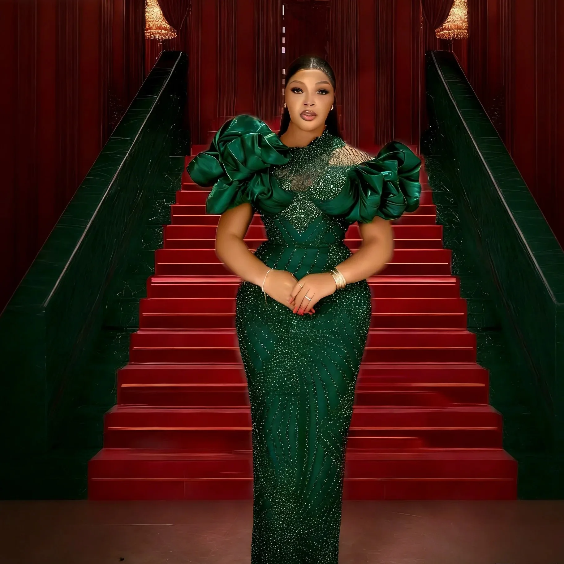 Customized Green Elegant Black Bubble Sleeve Evening Gown 2026 With Pearl Embroidery Sequins And Fish Tail Style Dress