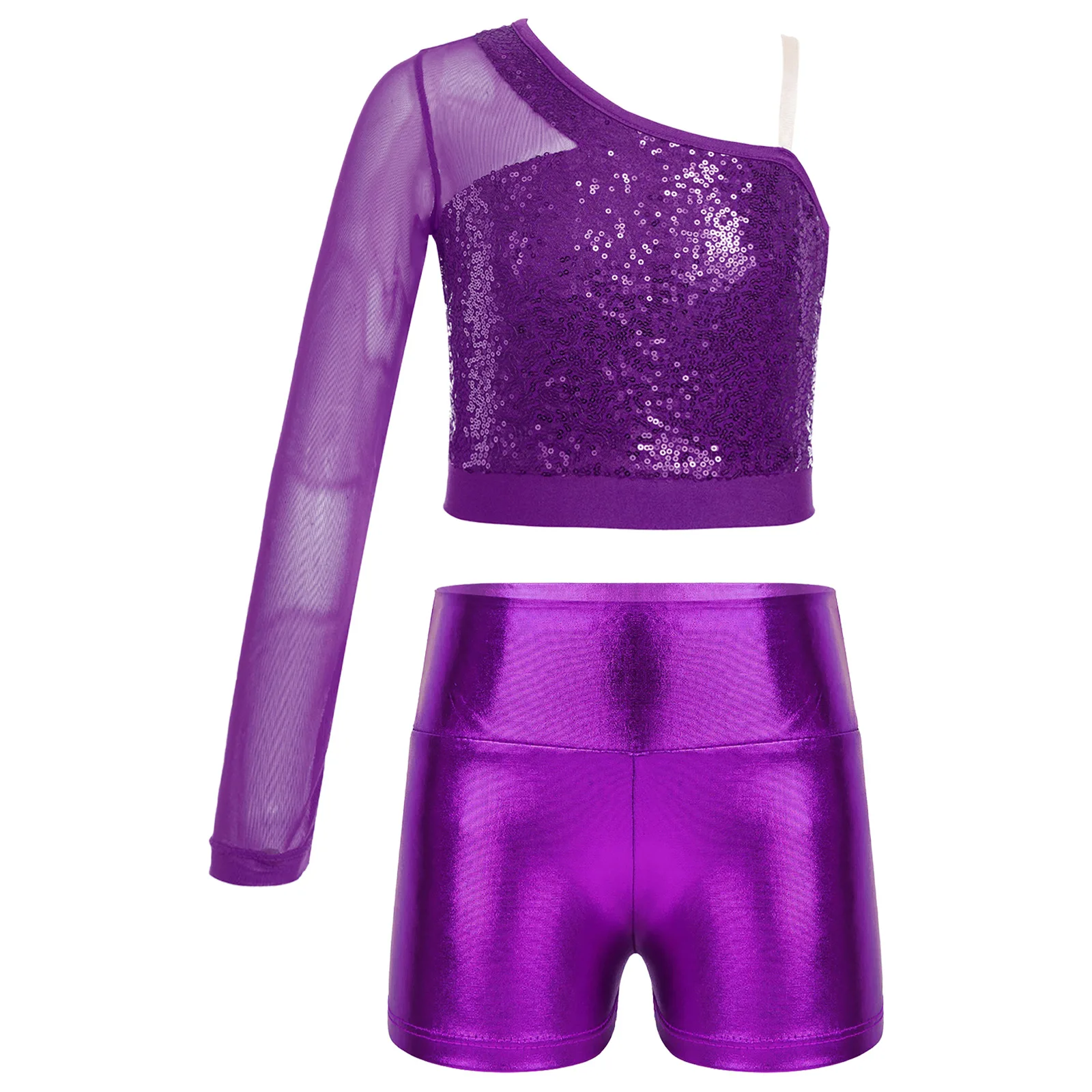 Kids Girls Dance Outfit Sequins Sheer Mesh Long Sleeve One Shoulder Dance Top with Metallic Shiny High Waist Shorts